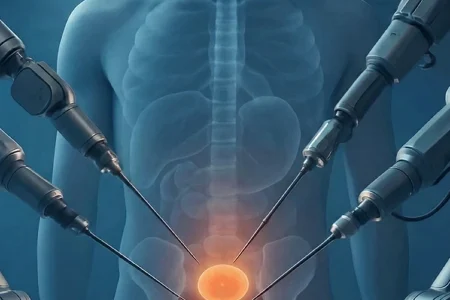 futuristic operating room background with soft blue surgical lighting. in the center, a transparent male pelvic