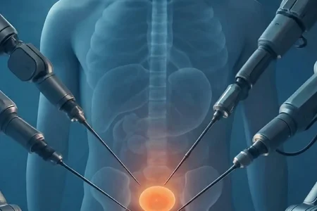 futuristic operating room background with soft blue surgical lighting. in the center, a transparent male pelvic